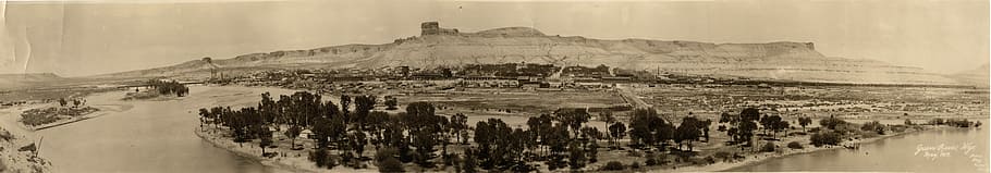 1919, panorámica, vista, verde, río, vista panorámica, Green River, Wyoming, blanco y negro, río verde