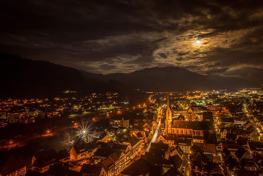 aerial, view, houses, night time, city lights, hausach, black forest, moonlight, clouds, l