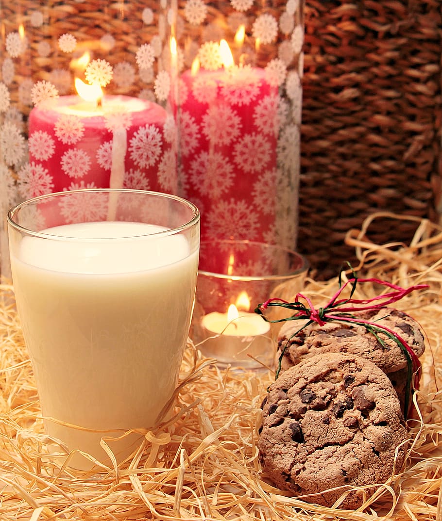 cookies, cup, candles, milk, glass of milk, drink, delicious, food, frisch, nutrition