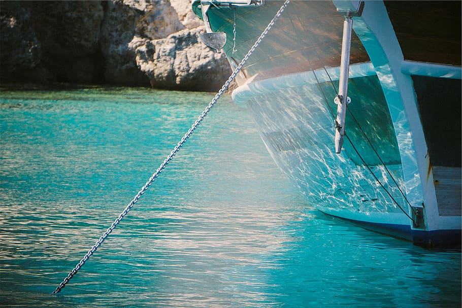 boat, anchor, tropical, water, chain, nautical vessel, sea, transportation, rope, day