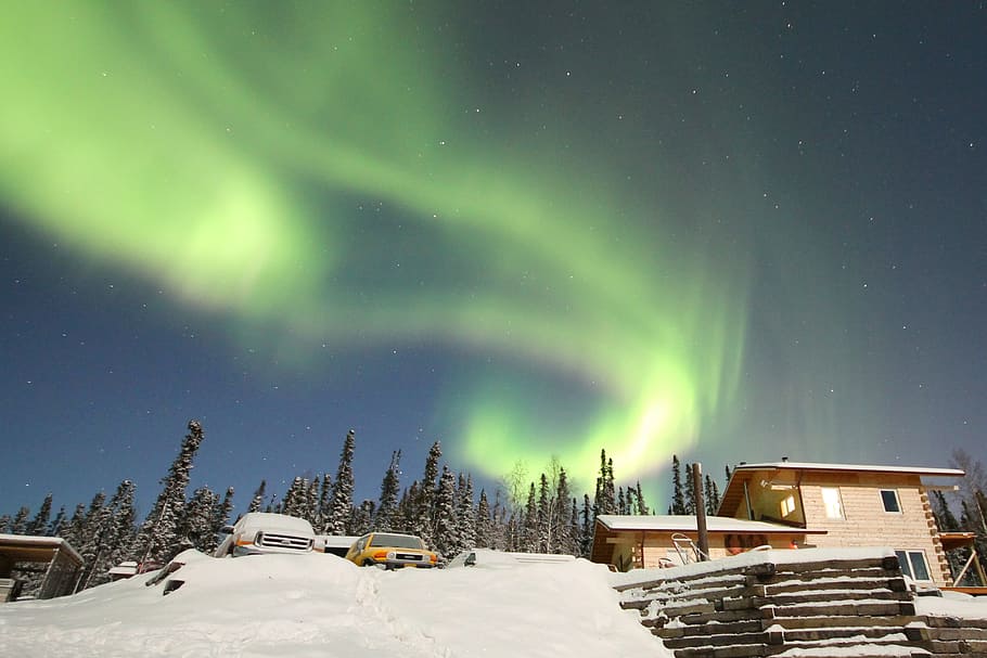 foto, aurora boreal, aurora, alaska, casa, nieve, boreal, norte, cielo, invierno