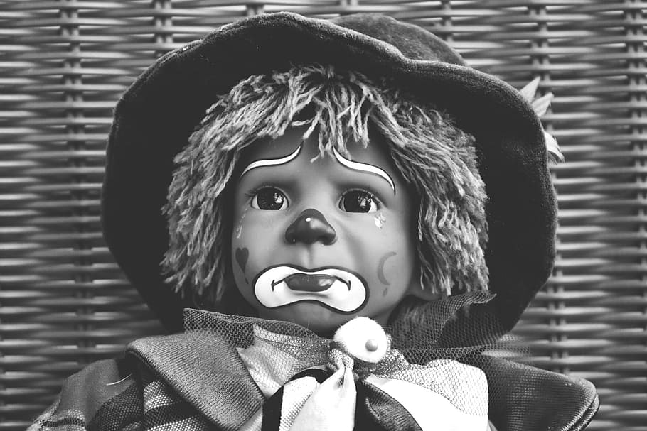 doll, clown, sad, black and white, sweet, funny, toys, children, cute, childhood