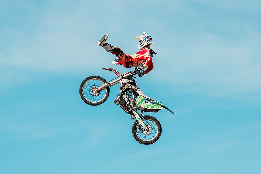 man, air stunt, motocross dirt bike, fmx, extreme, motorcycle, rider, style motocross, sky, motorcyclist