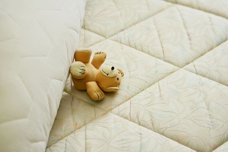 brown, bear, plush, toy, white, textile, mattress, bed, pillow, sleep