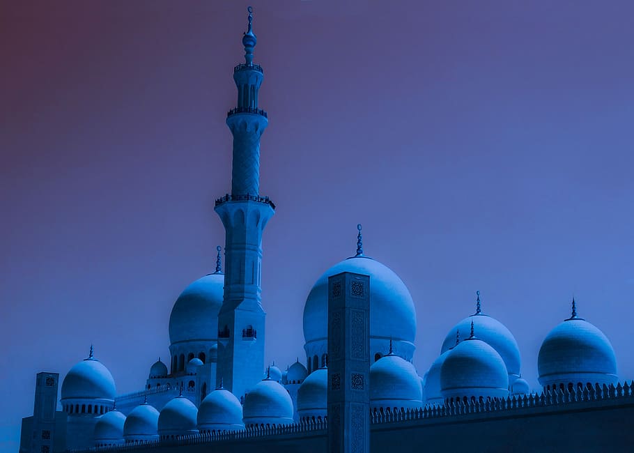 white dome temple, Dubai, Blue, Night, Blue Mosque, mosque, blue, night, architecture, monument, moon