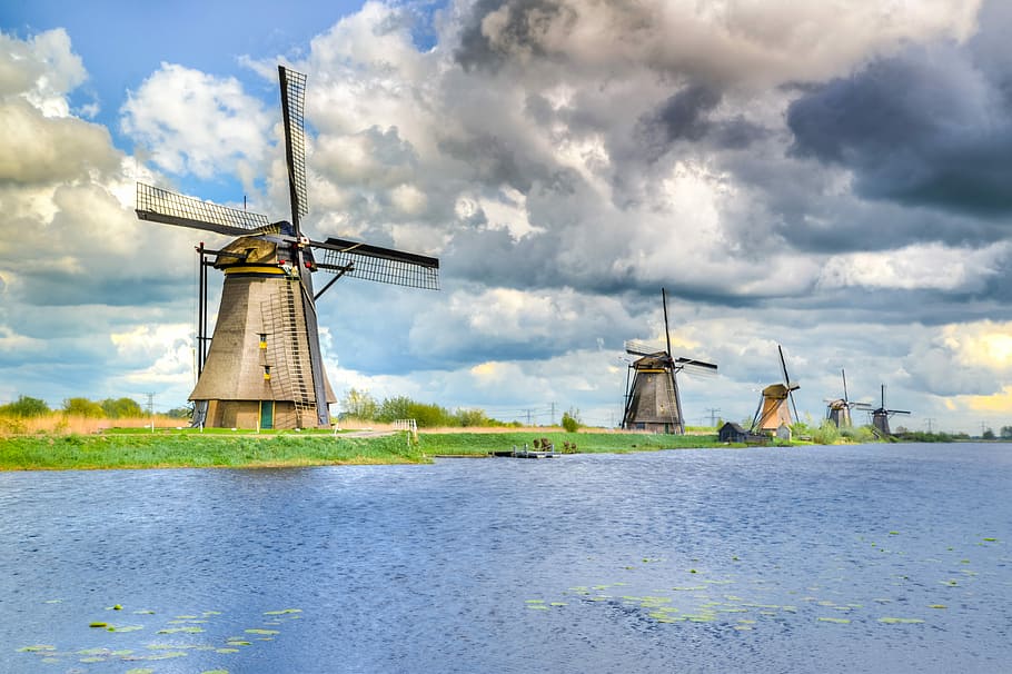 molino de viento, cuerpo, agua, kinderdijk, holandés, países bajos, turismo, viento, molinillo, cielo
