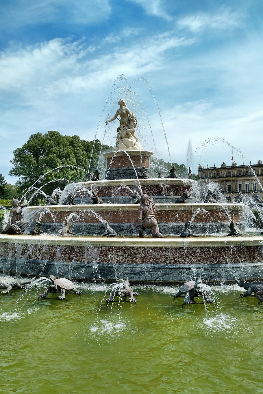 herrenchiemsee, latona fountain, castle park, new castle, ludwig ii, upper bavaria, versailles, water games, park, fountain
