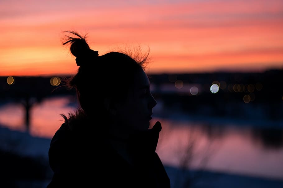 silhouette, woman, wearing, scarf, people, shadow, bun, sunset, dark, alone