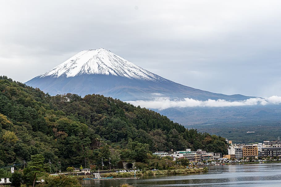 fuji, japan, volcano, mountains, sky, country japan, travel, kawaguchiko, mountain, tree