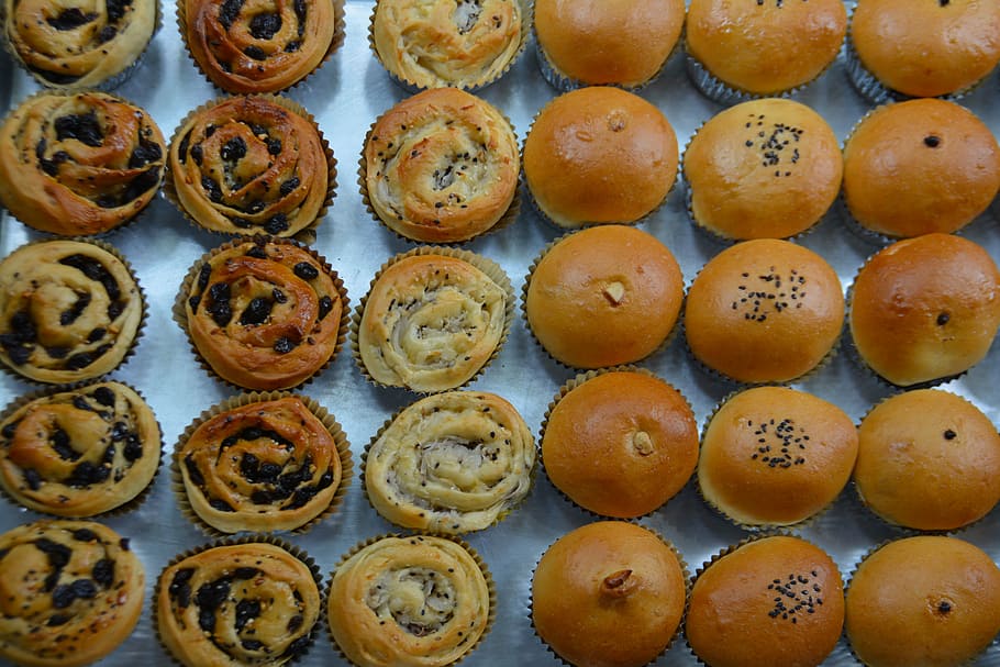 buns, cakes, food, sweet, meal, dessert, pastry, bakery, gourmet, bread