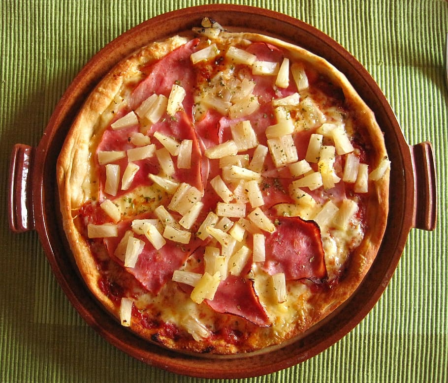 jamón, pizza de piña, hawaiana, pizza, plato, corte, pizza hawaiana, plato de pizza, italiano, comida