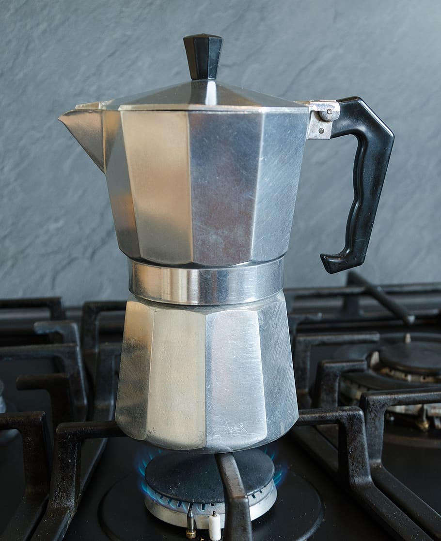 coffee, coffee pot, mokakanne, moka, espresso maker, espresso pot, aluminium, gas, gas stove, caffeine