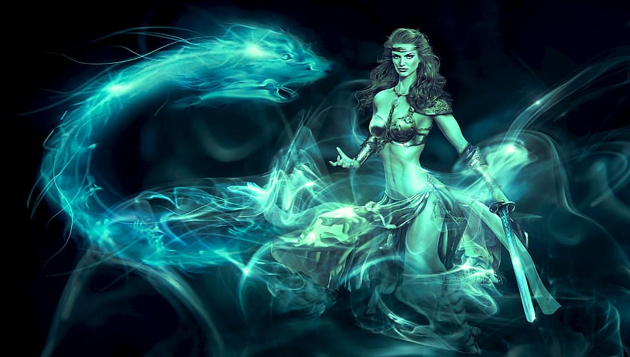 woman illustration, fantasy, amazone, light, nature, veil, turquoise, mystical, woman, mysterious