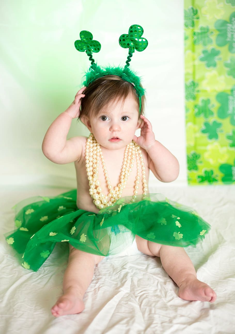 toddler, wearing, green, tutu skirt, yellow, necklace, st patrick day, irish, st patrick, st patricks day