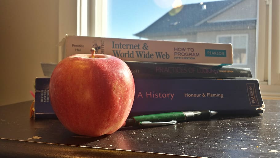 Textbook, Apple, Pencil, Study, Home, apple, pencil, snack, education, learn, information
