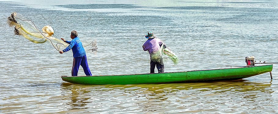 mekong, river, fishing, laos, small, boat, green, water, ocean, summer