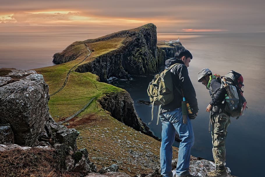 montage, hiking, united kingdom, england, isle of skye, scotland, cliffs, landscape, beauty in nature, sky