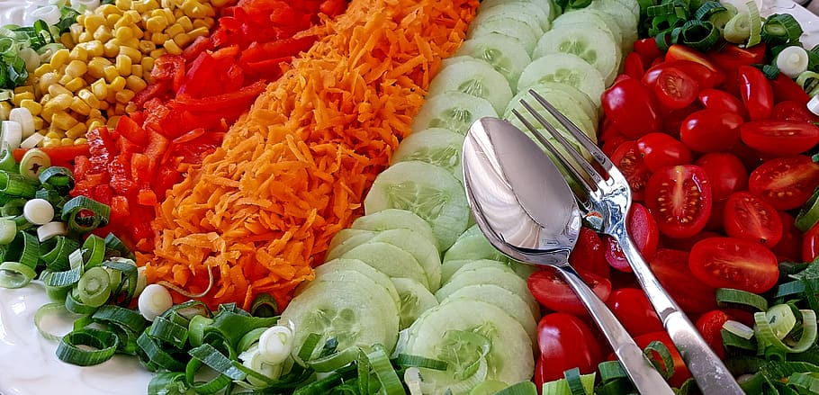 salad, salad buffet, vegetables, raw food, vitamins, healthy, food, eat, cutlery spoon, fork