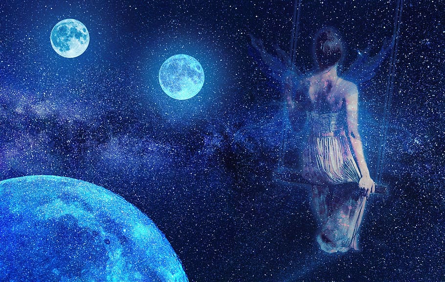 fairy, fantasy, cosmos, fiction, blue, moon, space, sci-fi, astronomy, star - space