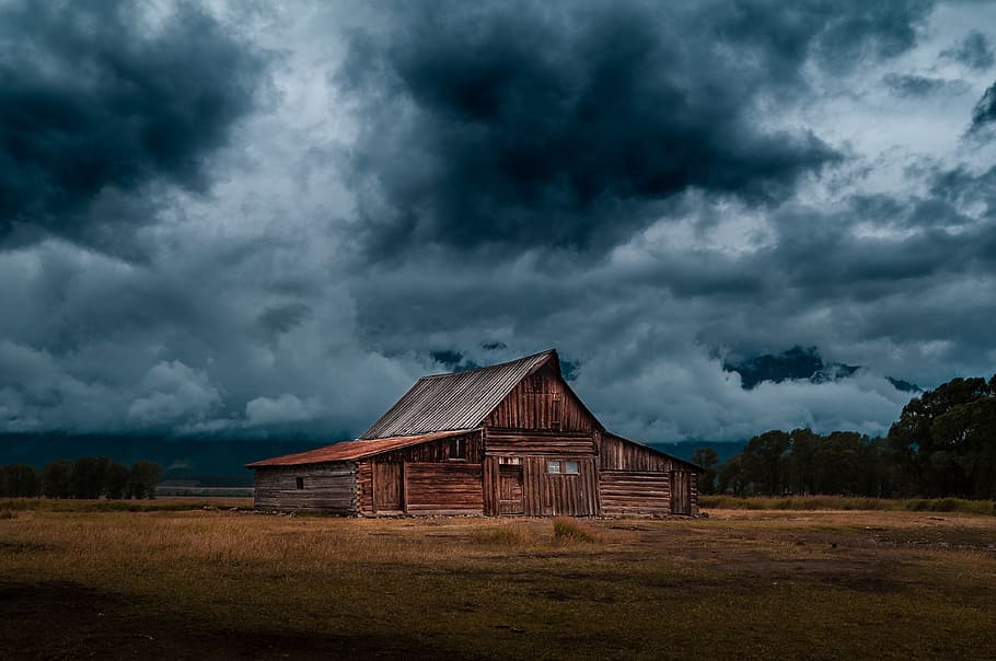brown, wooden, house, cloudy, sky, log, cabin, barn, field, rural