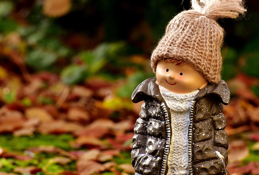 boy, brown, zip-up jacket toy, dried, leaves, figure, deco, forest, autumn, cold