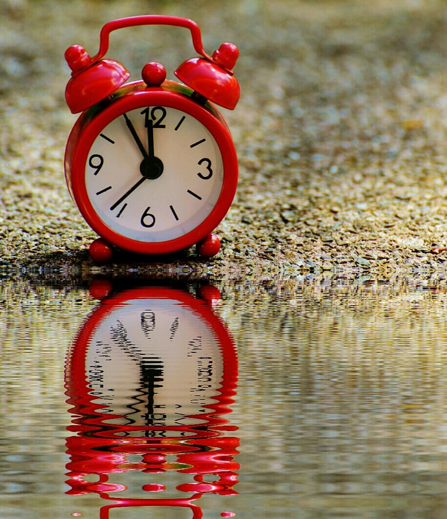 red, twin, bell alarm clock, body, water, the eleventh hour, disaster, alarm clock, mirroring, bank
