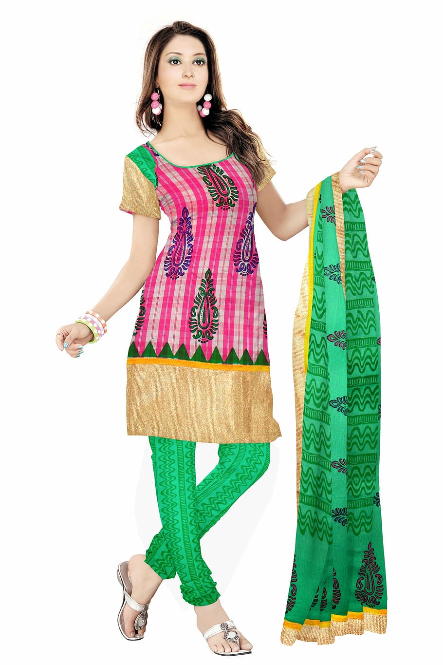 mulher, rosa, verde, bege, vestido kameez, Roupas indianas, Moda, Seda, Vestido, modelo