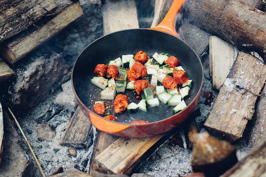 pan, food, cooking, wood, logs, camping, outdoors, nature, fire, vegetables