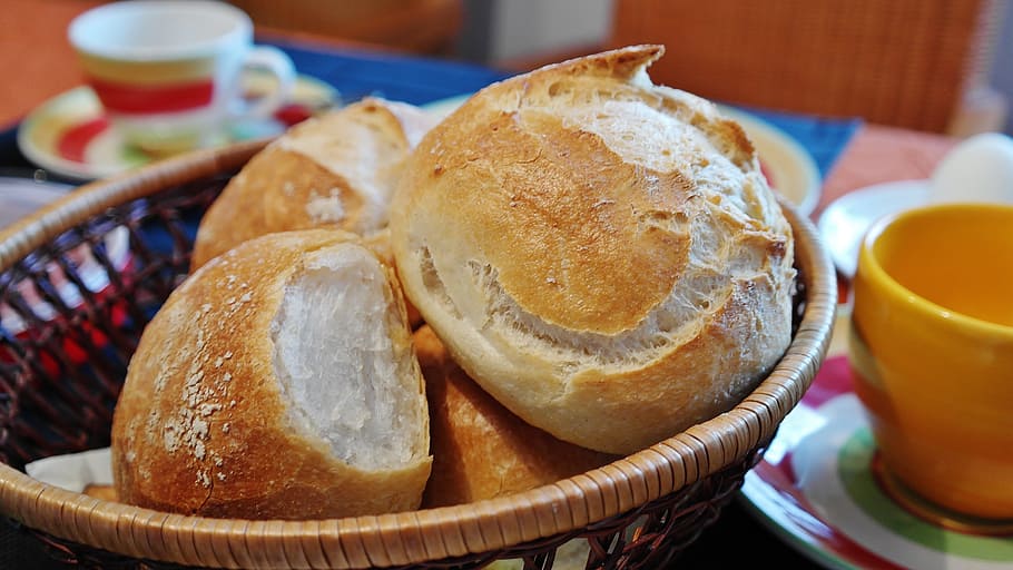 baked, bread, wooden, basket, yellow, cup, roll, cakes, weizenbroetchen, bakery