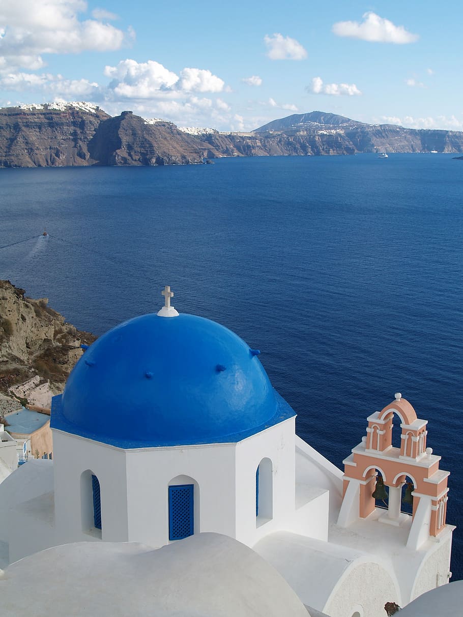 Greece, Mediterranean Sea, sea, santorini, blue, cross, religion, dome, white color, getting away from it all