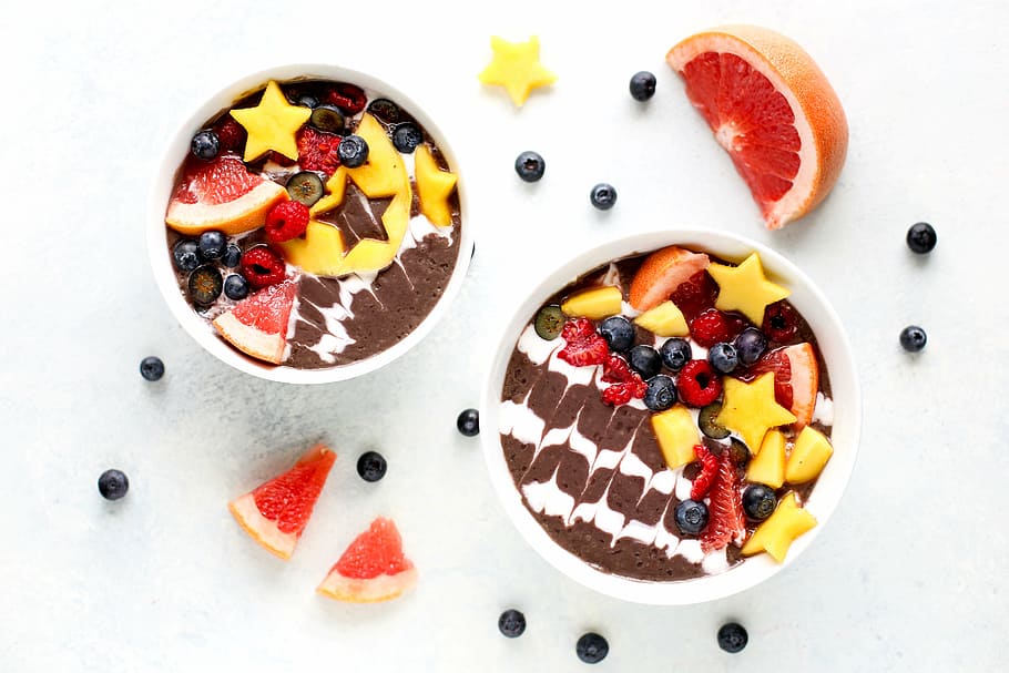 two, round fruit, topped, cakes, food, fruits, dessert, cake, blueberry, mango