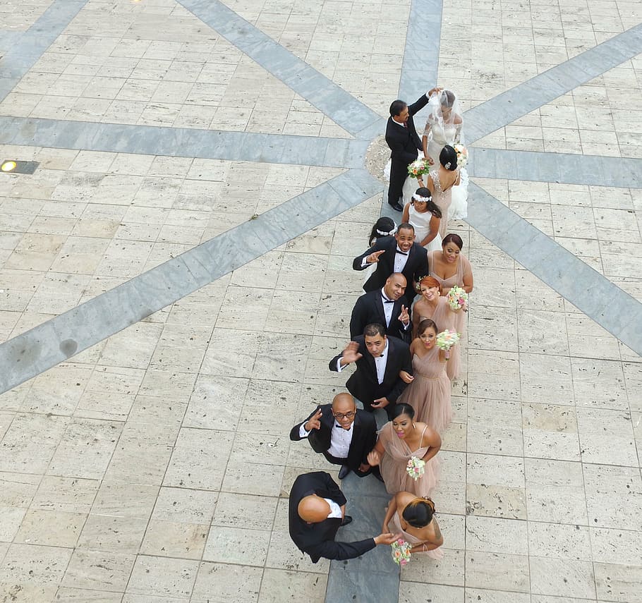 aerial, couple, grooms men, brides maid, forming, line, drone, wedding, wed, guests