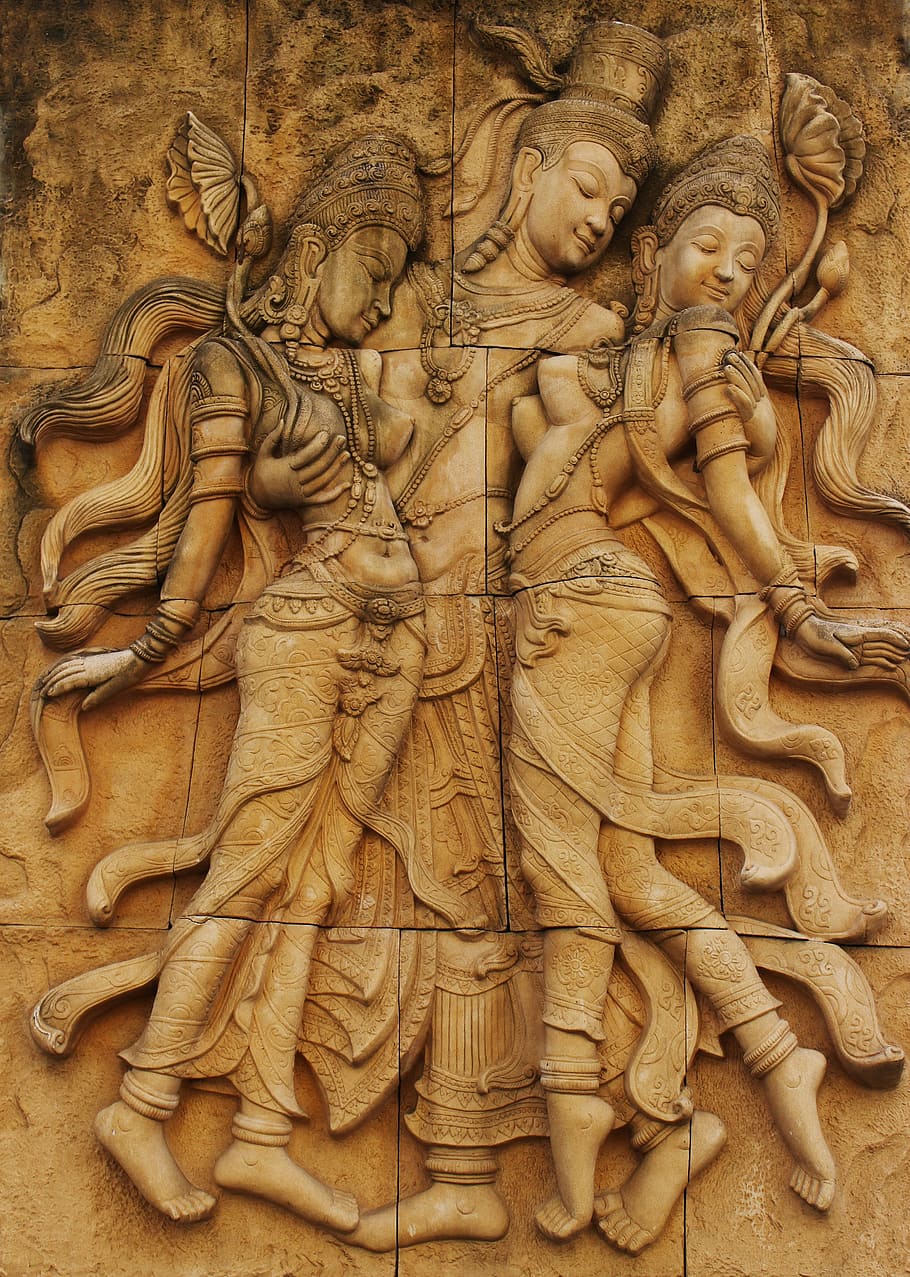 foto, tiga, dewa hindu, tinggi, relief, plak dinding, buddha, plak, dinding, arsitektur