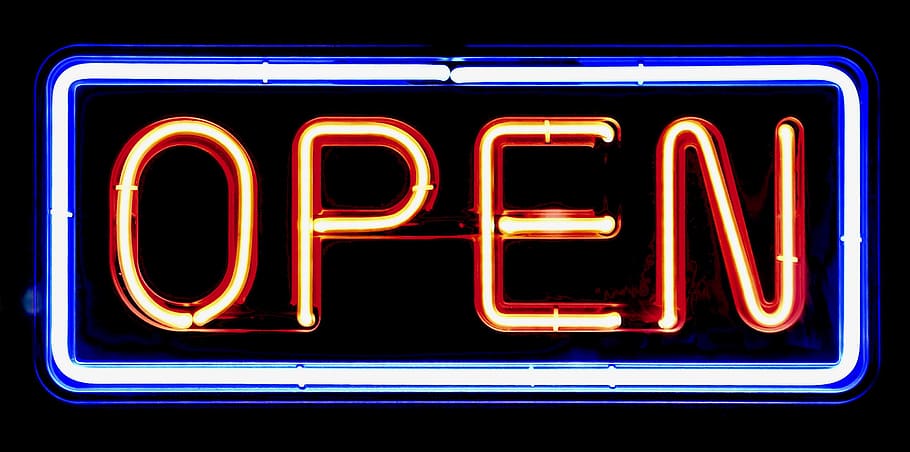 open, neon open sign, open sign, neon, neon sign, illuminated, red, text, sign, communication