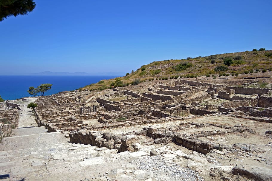 ancient city, greece, rhodes island, kamiros, the ruins of the, the ancient city, acropolis, sea, sky, the past
