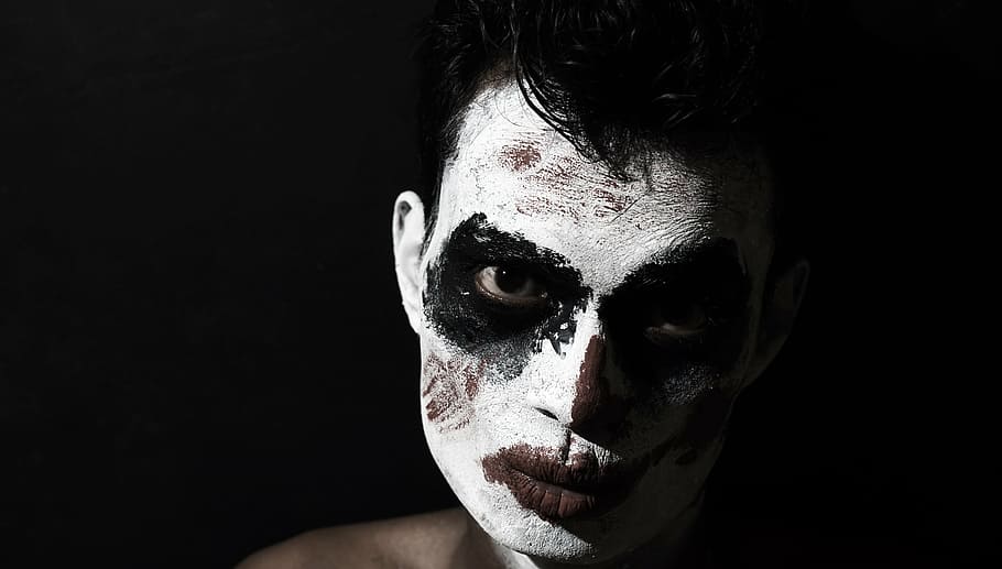 close-up photo, man face, white, red, paints, joker, bollywood, dark, male, face