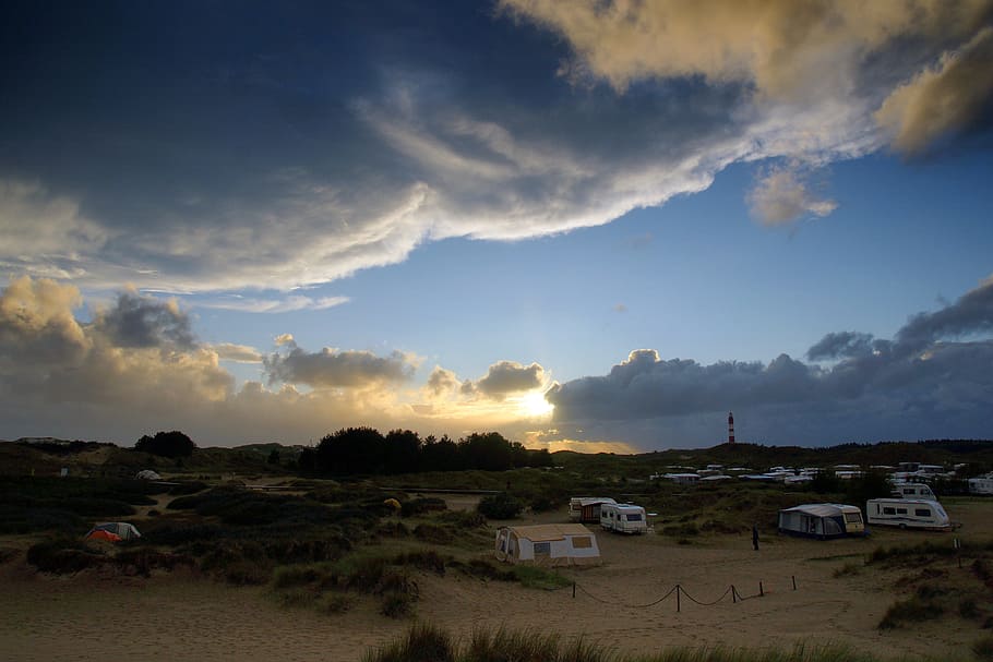 Amrum, Island, Campsite, Tent, Caravan, tent caravan, folding caravan, forward, clouds patchy, clouds