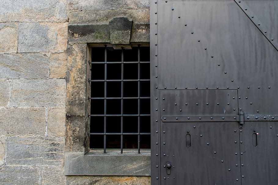 steel door, window grilles, middle ages, castle, fortress, masonry, wall, dark hole, architecture, built structure