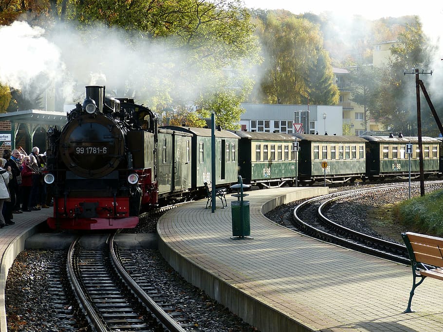 black, green, train, station, rügen, railway, steam locomotive, historically, locomotive, nostalgic