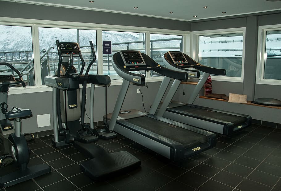 two, gray-and-black treadmill, besides, black, gray, elliptical, trainers, sport, gym, bodybuilding