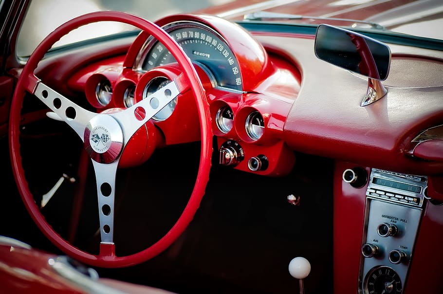 red, silver steering wheel, chevrolet, corvette, cockpit, front, steering wheel, colorful, antique, vintage