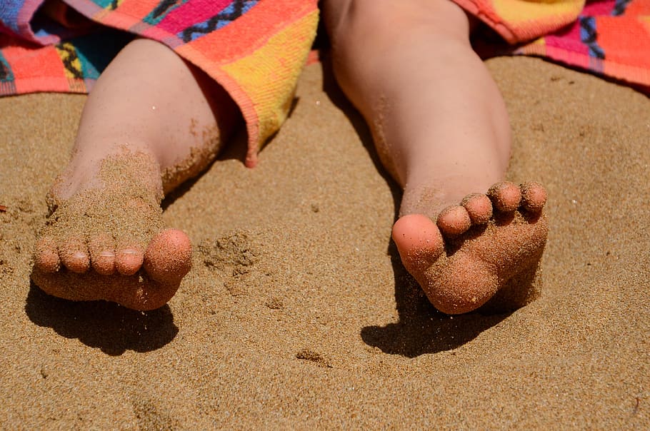 Feet, Sand, Summer, Holidays, Towel, summer, holidays, beach, sea, holiday, child