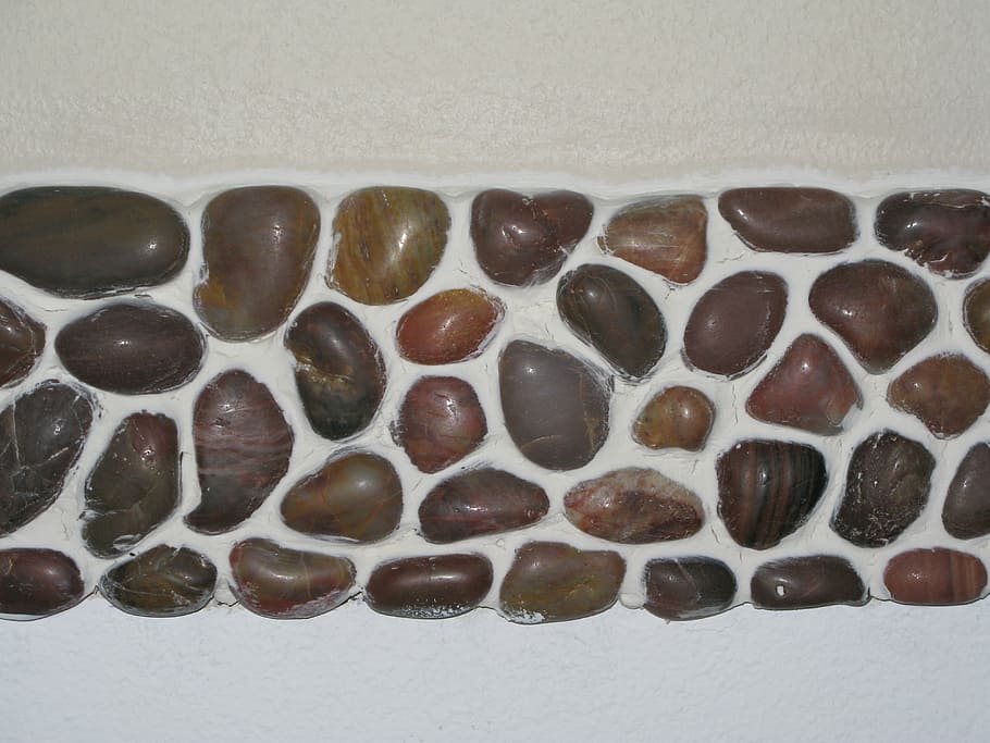 river rock, brown, white, caulk, mosaic, tile, natural, rocks, river, bathroom