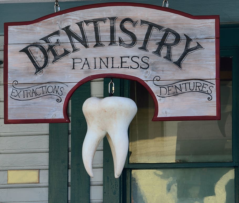 グレー, 赤, 歯科, 無痛, 看板, 歯の装飾, 古い, 歯科医のサイン, 背景, 歯科医