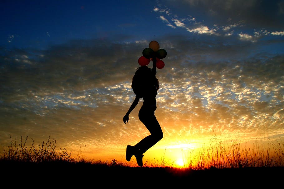 girl, sunset, balloons, bounce, flight, sun, sky clouds, silhouette, shadow, red