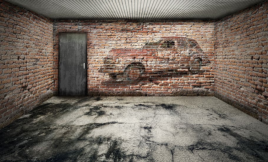 car illustration, brick wall, black, wooden, door, inside, room, Space, Empty, Garage