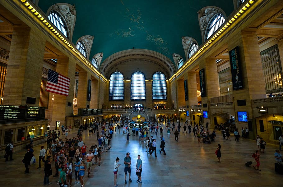 grupo, gente, en pie, azul, beige, cúpula, Grand Central Terminal, Grand Central Station, históricamente, Nueva York