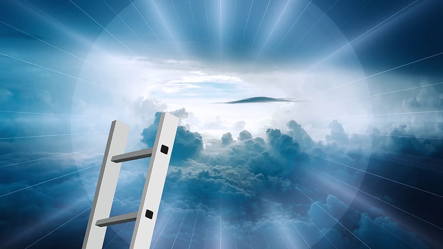 photography, clouds, ladder, head, beyond, sky, god, religion, rays, light