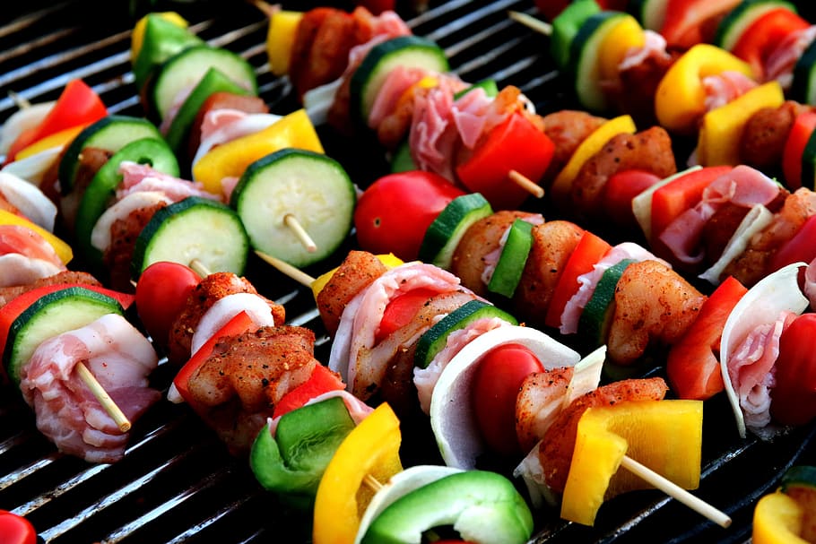 kebab, grill, shish kebab, meat skewer, vegetable skewer, meat products, barbecue, onion, food, meat