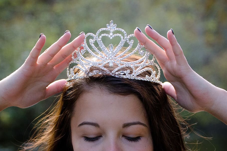 woman, holding, crown, head, queen, crowning, luxury, princess, elegance, headshot